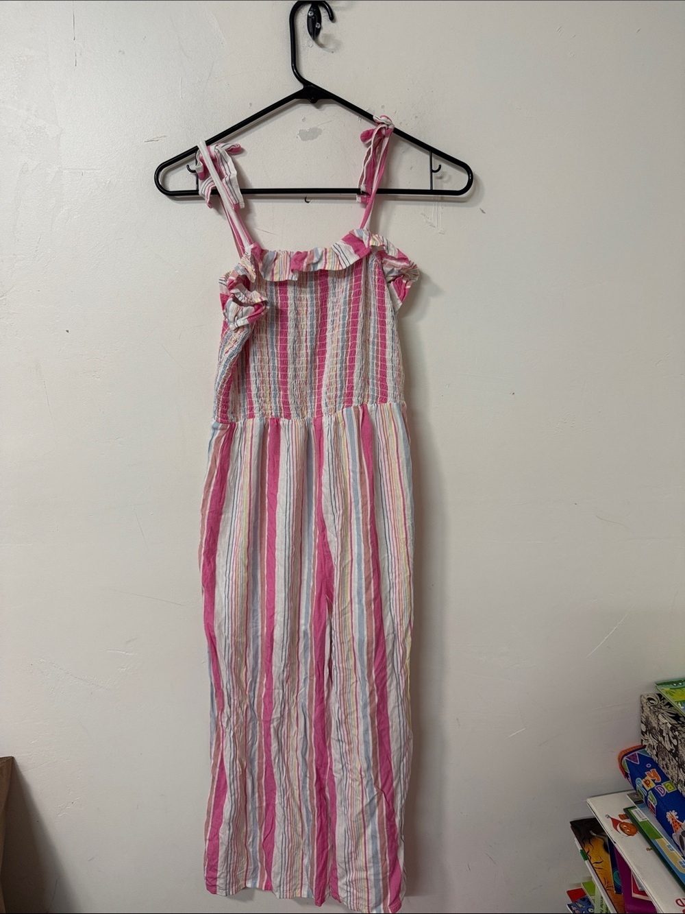 love, Fire Pink & White Striped Girls Jumpsuit Romper